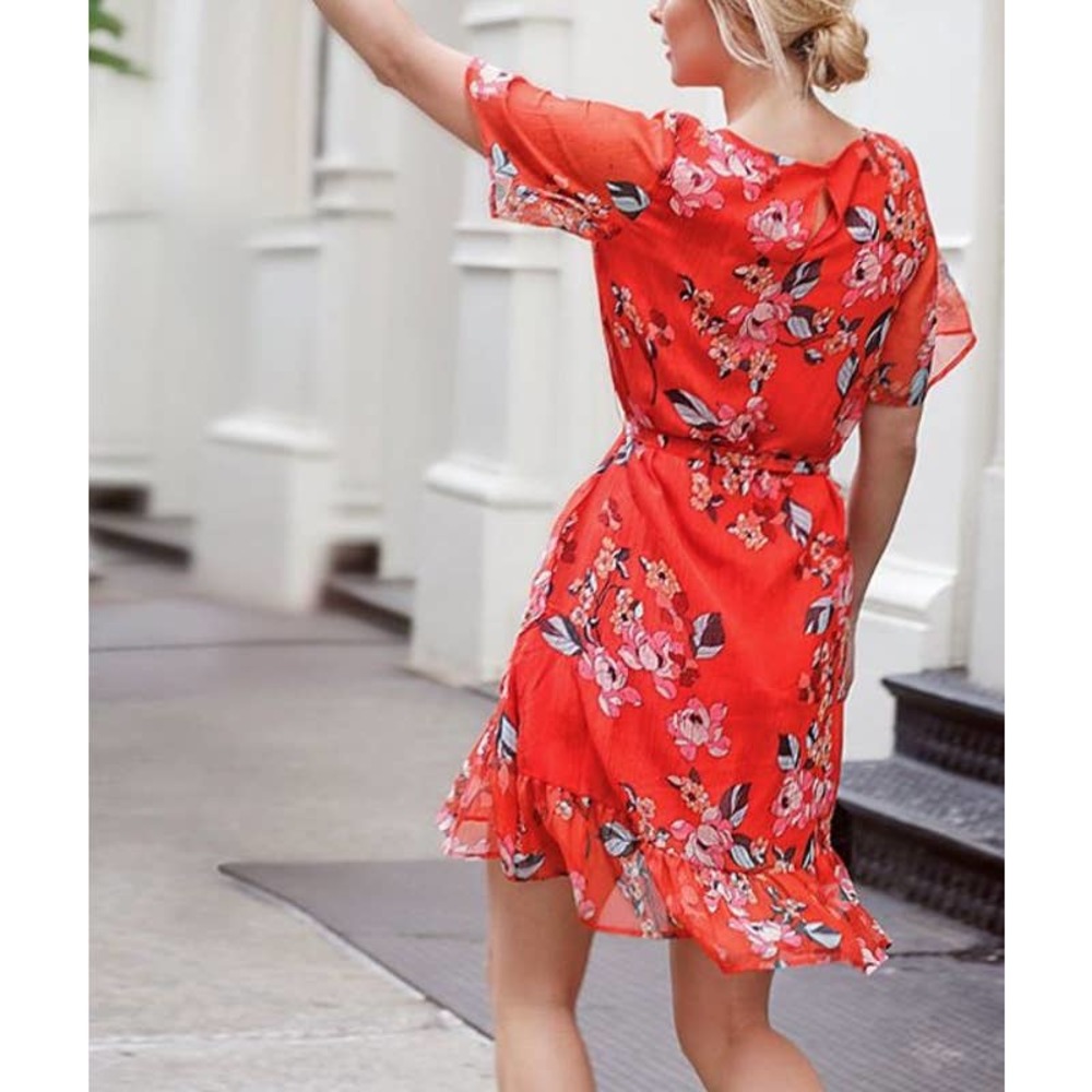 3/$15 A New Day Floral Print Short Sleeve Ruffle Wrap Dress in Red - Picture 4 of 14